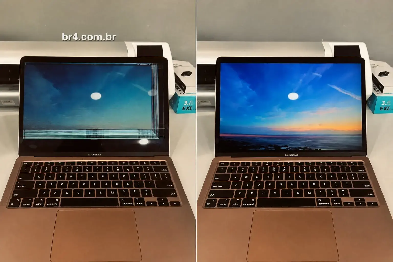 MacBook Air antes e depois da troca do display na BR4 Moema: à esquerda a tela com faixas horizontais e linhas verticais, à direita já com o display novo