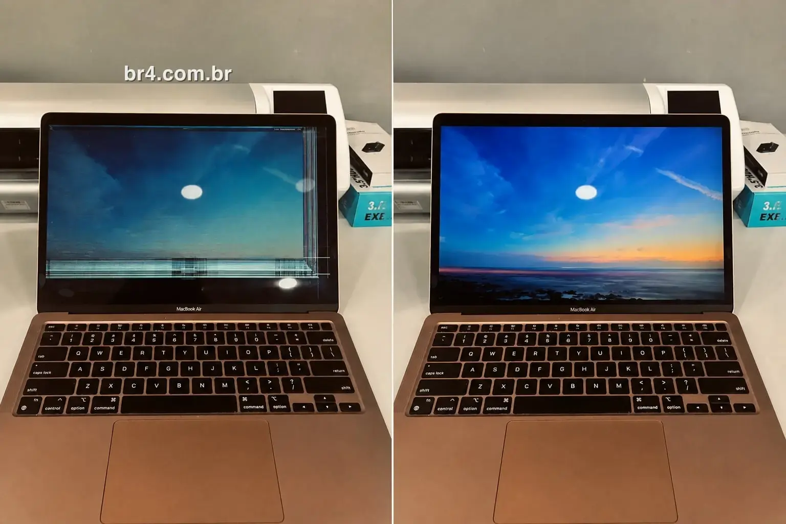 MacBook Air antes e depois da troca do display na BR4 Moema: à esquerda a tela com faixas horizontais e linhas verticais, à direita já com o display novo