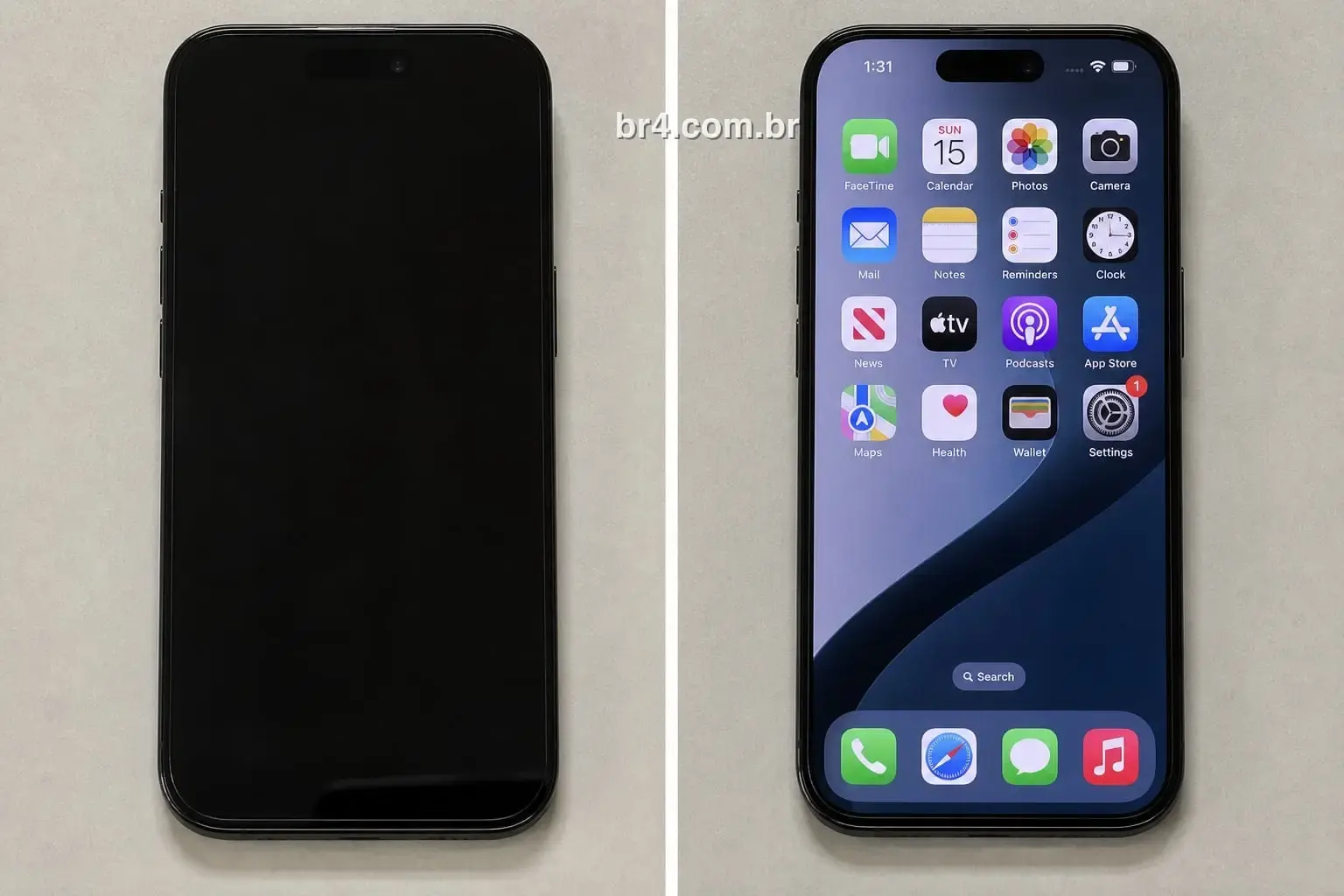 iPhone 16 Pro antes e depois do reparo na BR4 Moema: à esquerda desligado com a tela apagada, à direita ligado na tela inicial
