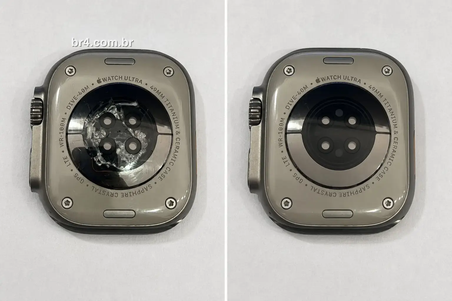 Apple Watch Ultra antes e depois da troca do módulo traseiro na BR4 Moema: à esquerda o cristal do sensor estilhaçado, à direita o módulo novo com os sensores à mostra