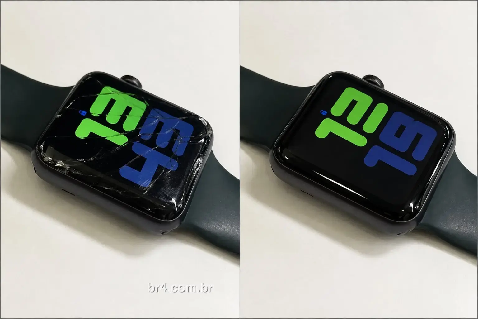 Apple Watch Série 6 antes e depois da troca de tela na BR4 Moema: à esquerda o vidro estilhaçado com o mostrador aceso por baixo, à direita a tela nova