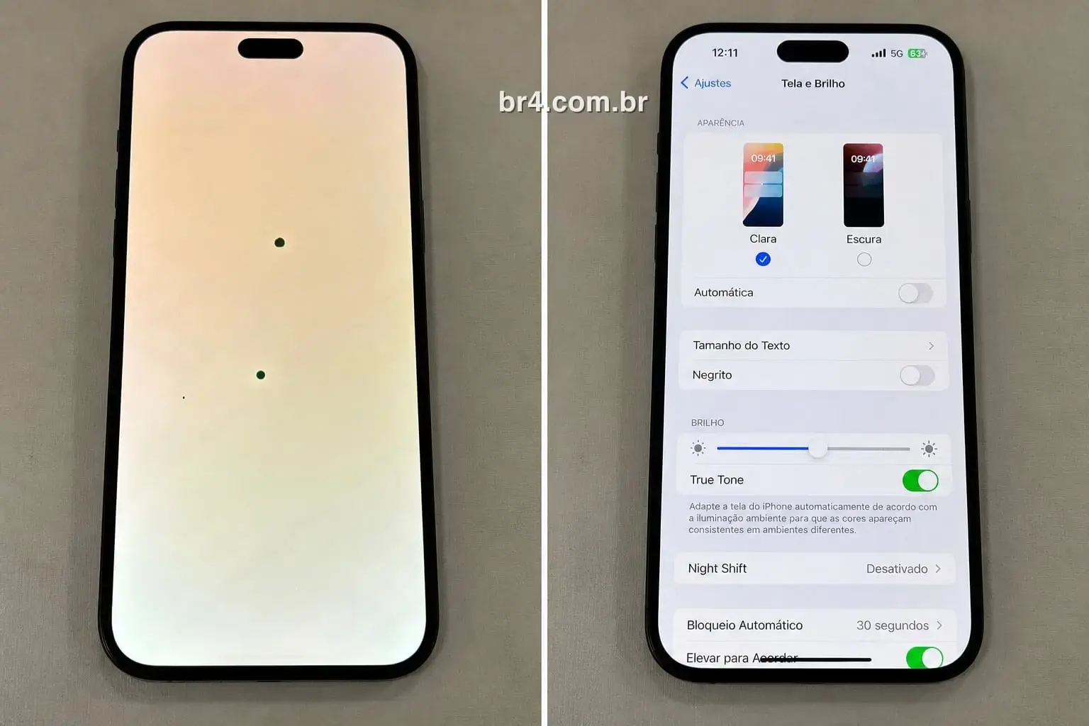 iPhone 14 Pro Max antes e depois da troca de tela na BR4 Moema: à esquerda o painel só com manchas de cor, à direita os Ajustes de Tela e Brilho com o True Tone ligado