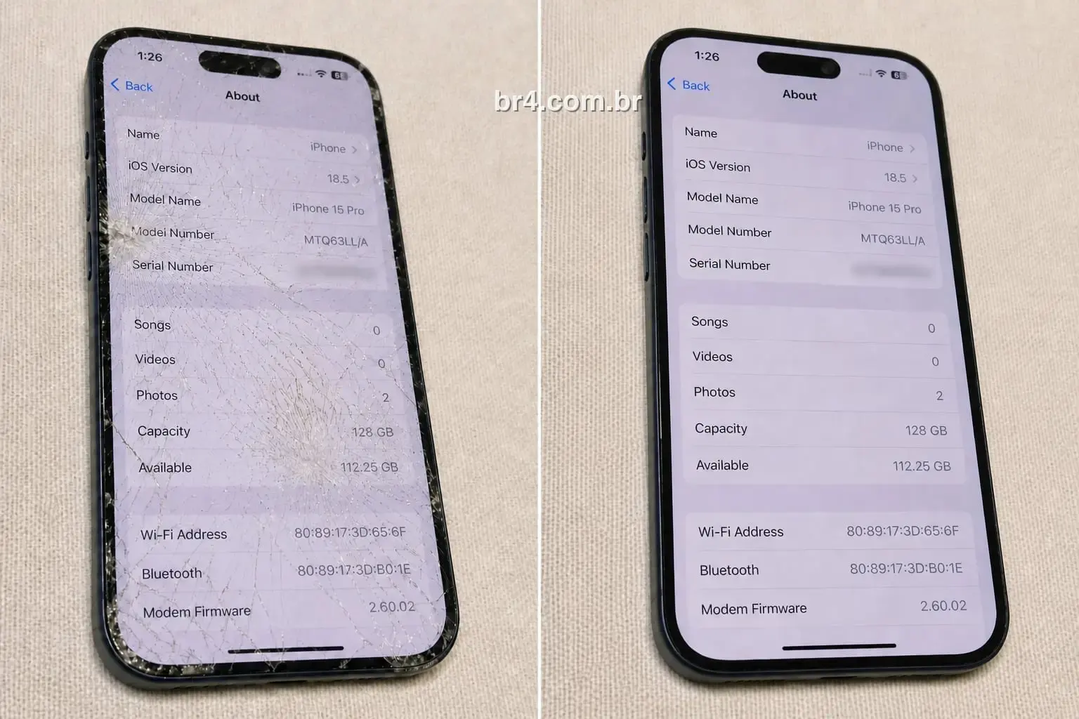 iPhone 15 Pro antes e depois da troca de tela na BR4 Moema: à esquerda o display estilhaçado, à direita a mesma tela de Ajustes já legível