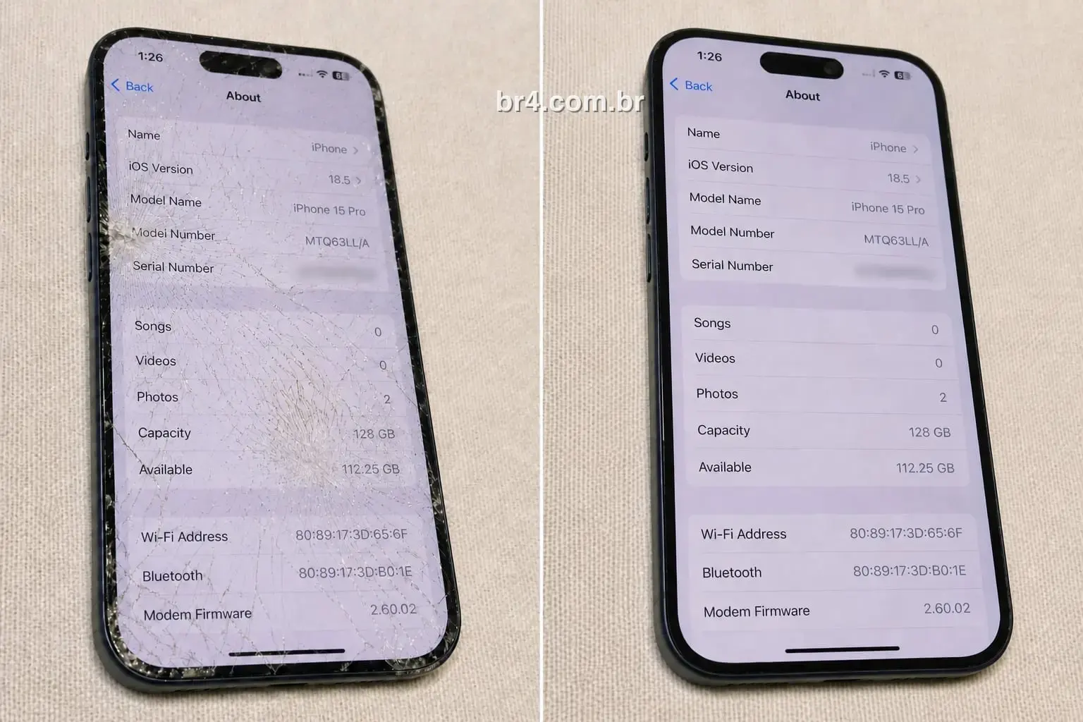iPhone 15 Pro antes e depois da troca de tela na BR4 Moema: à esquerda o display estilhaçado, à direita a mesma tela de Ajustes já legível