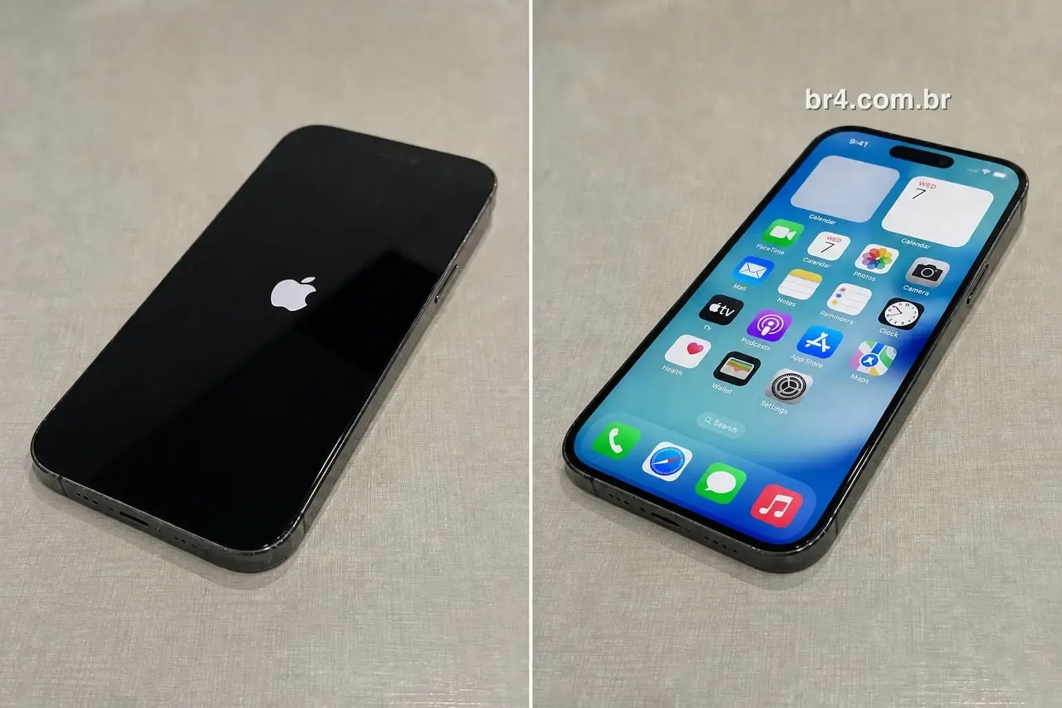 iPhone 14 Pro Max antes e depois do reparo de placa na BR4 Moema: à esquerda travado no logo da maçã, à direita ligado na tela inicial