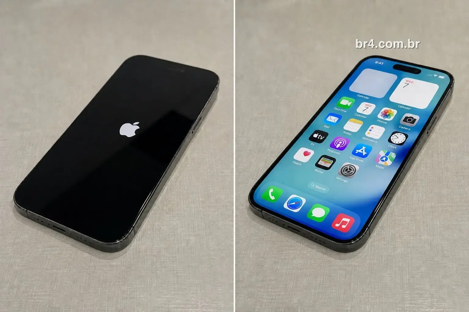 iPhone 14 Pro Max antes e depois do reparo de placa na BR4 Moema: à esquerda travado no logo da maçã, à direita ligado na tela inicial