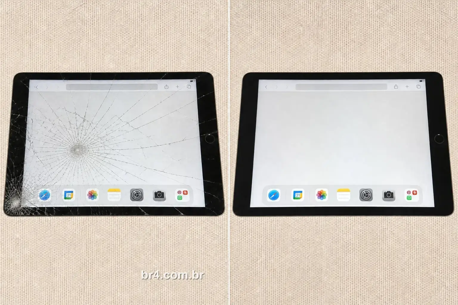 iPad antes e depois da troca do vidro na BR4 Moema: à esquerda a tela estilhaçada a partir do ponto de impacto, à direita o vidro novo com a mesma página aberta