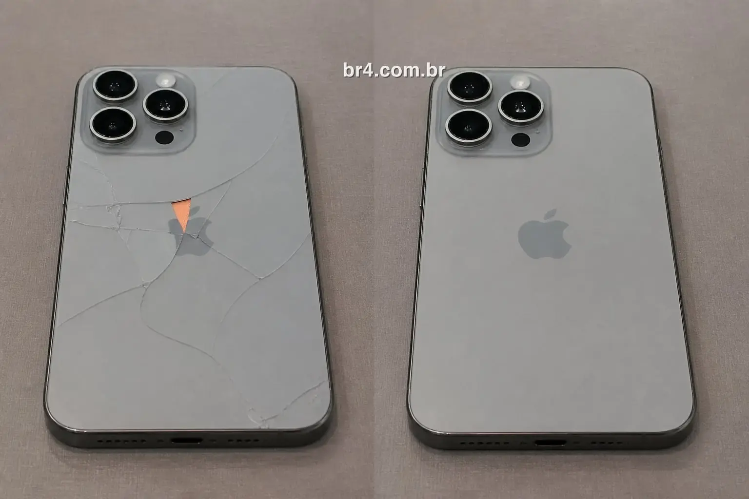 iPhone 15 Pro Max antes e depois da troca do vidro traseiro na BR4 Moema: à esquerda a traseira estilhaçada, à direita já com a tampa nova
