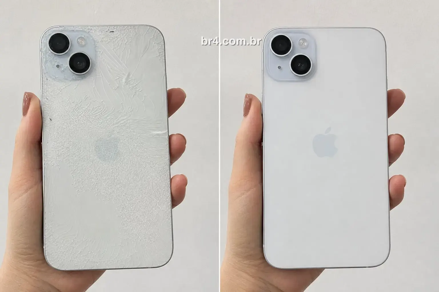 iPhone 15 Plus antes e depois da troca do vidro traseiro na BR4 Moema: à esquerda a traseira estilhaçada por inteiro, à direita já com a tampa nova