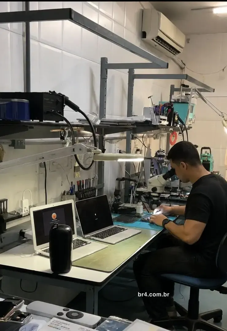 Técnico da BR4 trabalhando com microscópio na bancada de reparo da loja de Moema